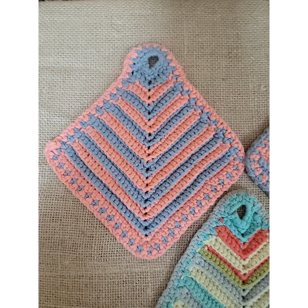 Vintage Hand Crochet/Knitted Pot Holders Hot Pads Multicolor Cotton Set of 3